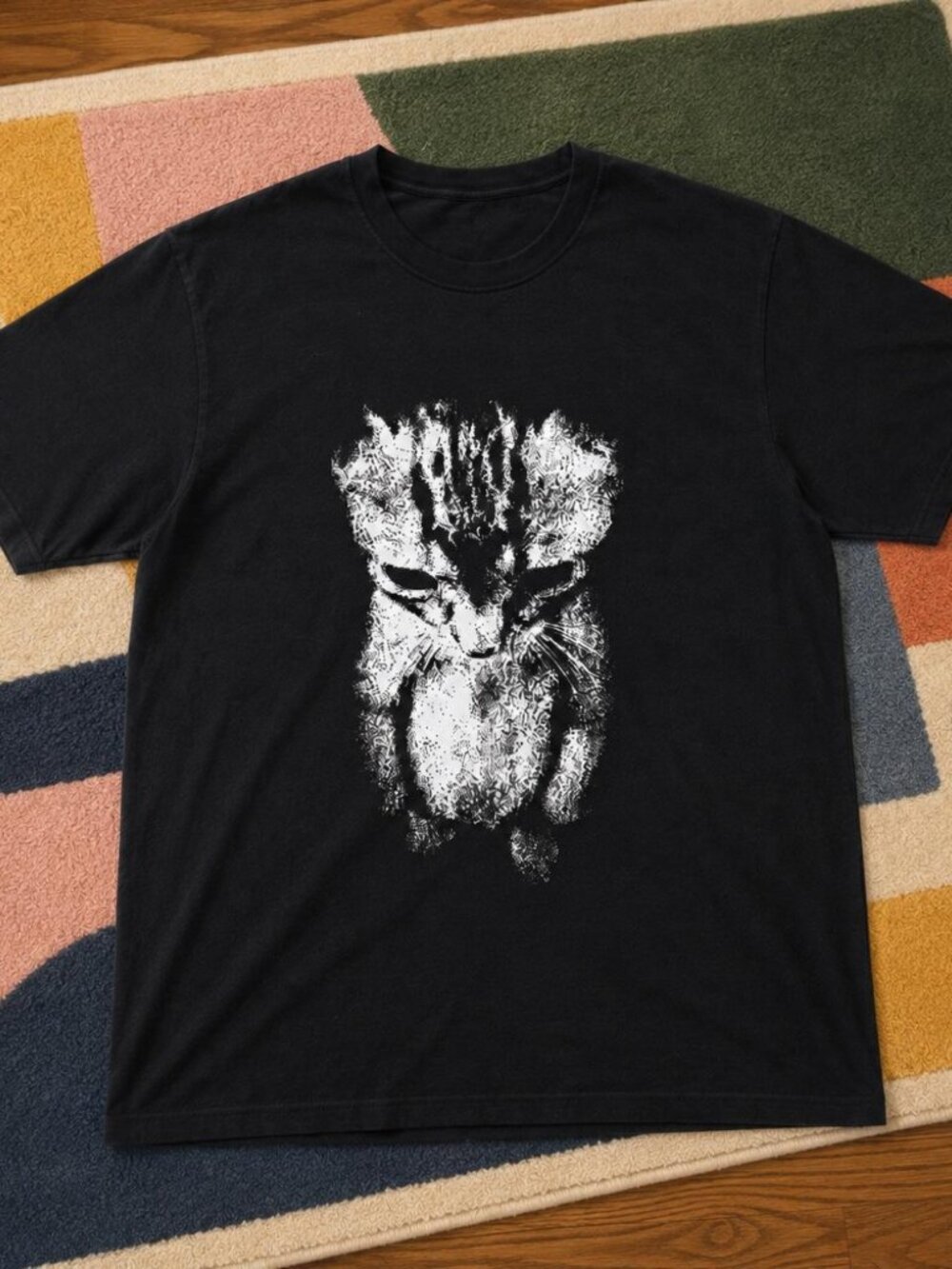 Black cat graphic tee with white cat graphic